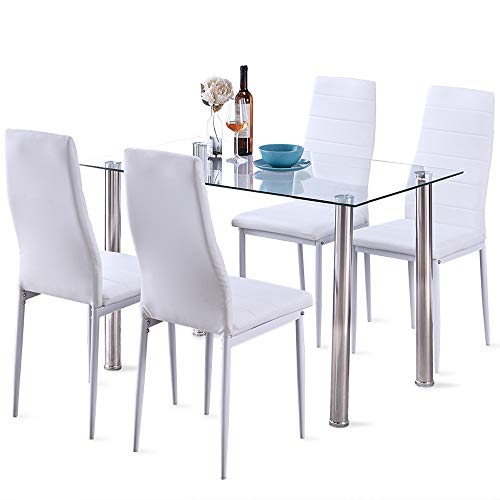 5 Pcs Modern Tempered Glass White Dining Room Table Set with 4 High Back Faxu Leather Dinning Chairs W/Can Opener