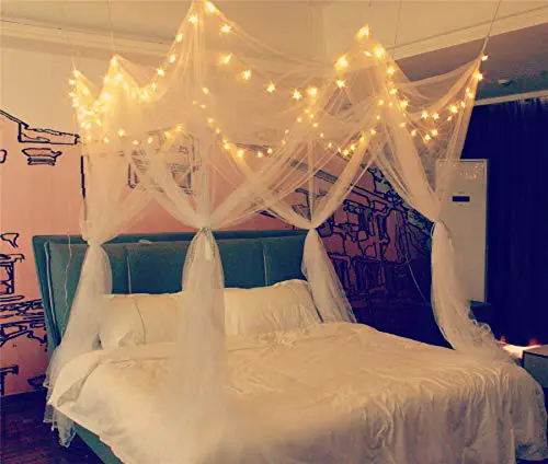 8-Corner-Bed-Canopy-with-100-LED-Star-String-Lights-Battery-Operated-Mosquito-Net-Unique-Style-4-Door-Square-Bed-Netting-Canopy-Curtains-Canopy-Suggested-for-Twin-Full-Queen-King-Bed-0