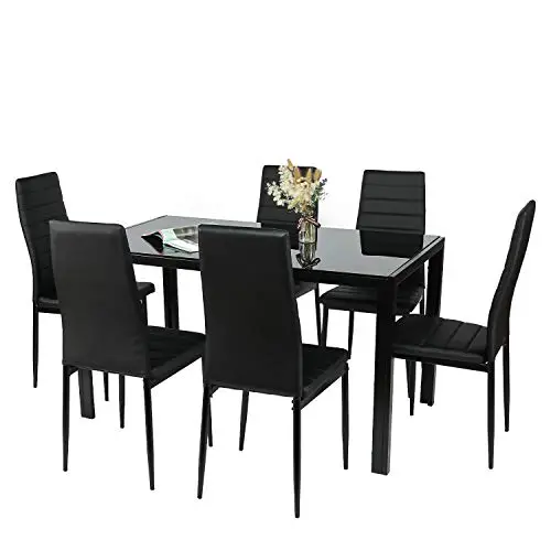 BAHOM 7 Piece Kitchen Dining Table Set for 6, Glass Table and PU Leather Chairs Set of 6 for Breakfast, Black