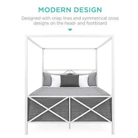 Best-Choice-Products-4-Post-Queen-Size-Modern-Metal-Canopy-Bed-wMattress-Support-Built-in-Headboard-Footboard-Classic-Customizable-Design-White-0-0