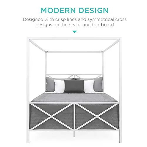 Best Choice Products 4 Post Queen Size Modern Metal Canopy Bed Wmattress Support Built In Headboard Footboard Classic Customizable Design White 0 0