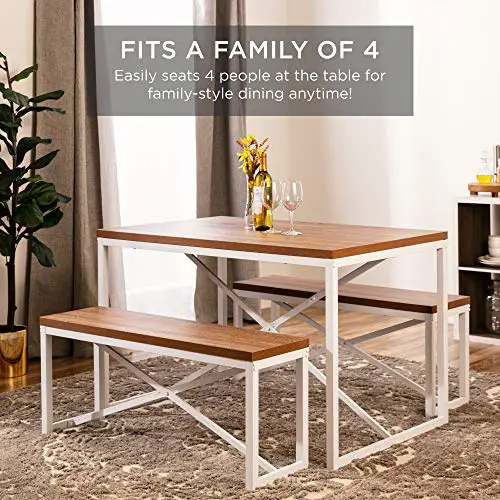Best Choice Products 455In 3 Piece Bench Style Dining Table Furniture Set 4 Person Space Saving Dinette For Kitchen Dining Room W 2 Benches Table Brownwhite 0 0