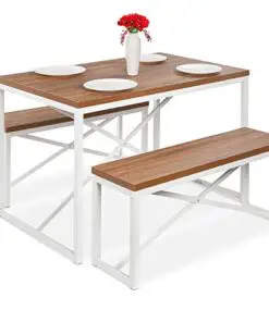 Best Choice Products 455In 3 Piece Bench Style Dining Table Furniture Set 4 Person Space Saving Dinette For Kitchen Dining Room W 2 Benches Table Brownwhite 0