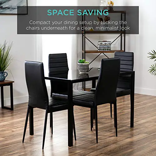 Best Choice Products 5 Piece Kitchen Dining Table Set For Dining Room Kitchen Dinette Compact Space Wglass Table Top 4 Faux Leather Metal Frame Chairs Black 0 4