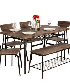 Best Choice Products 6 Piece 55In Wooden Modern Dining Set For Home Kitchen Dining Room Wstorage Racks Rectangular Table Bench 4 Chairs Steel Frame Brown 0