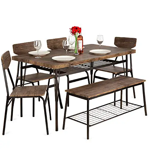 Best Choice Products 6 Piece 55In Wooden Modern Dining Set For Home Kitchen Dining Room Wstorage Racks Rectangular Table Bench 4 Chairs Steel Frame Brown 0
