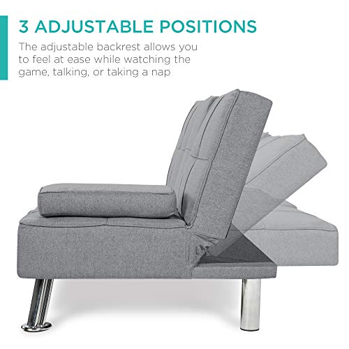 Best Choice Products Linen Upholstered Modern Convertible Folding Futon Sofa Bed For Compact Living Space Apartment Dorm Bonus Room Wremovable Armrests Metal Legs 2 Cupholders Gray 0 0