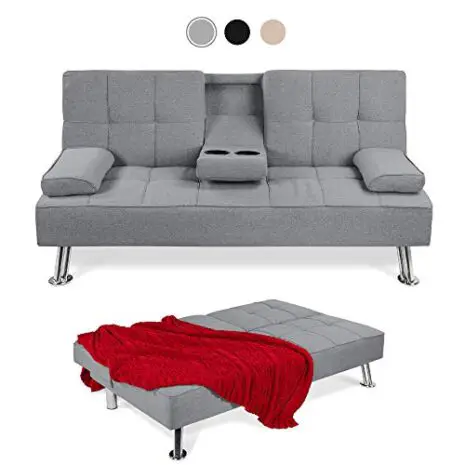Best-Choice-Products-Linen-Upholstered-Modern-Convertible-Folding-Futon-Sofa-Bed-for-Compact-Living-Space-Apartment-Dorm-Bonus-Room-wRemovable-Armrests-Metal-Legs-2-Cupholders-Gray-0