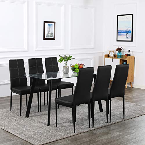 Bonnlo Dining Table With Chairs 7 Piece Kitchen Dining Set Glass Dining Table Set With Upholstered Dining Chairsclearblack 0 0