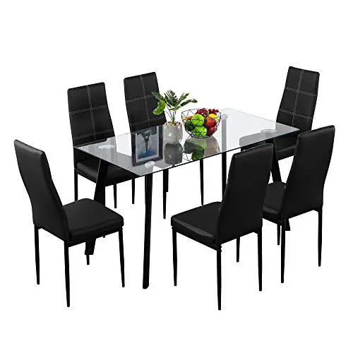 Bonnlo Dining Table With Chairs 7 Piece Kitchen Dining Set Glass Dining Table Set With Upholstered Dining Chairsclearblack 0