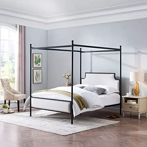Christopher Knight Home Asa Queen Size Iron Canopy Bed Frame With Upholstered Studded Headboard Beige And Flat Black 0 0