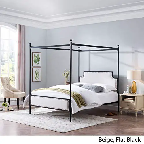 Christopher Knight Home Asa Queen Size Iron Canopy Bed Frame With Upholstered Studded Headboard Beige And Flat Black 0 1
