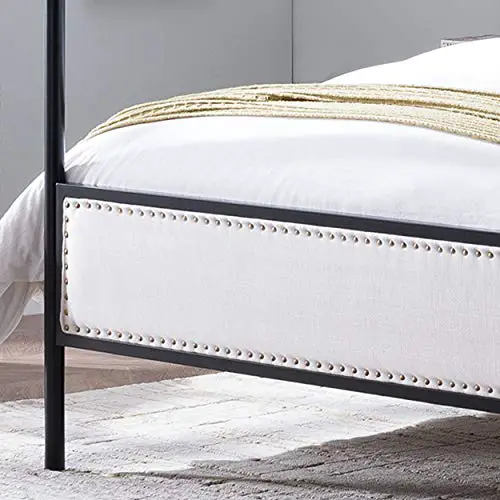 Christopher Knight Home Asa Queen Size Iron Canopy Bed Frame With Upholstered Studded Headboard Beige And Flat Black 0 3