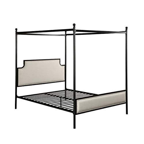 Christopher Knight Home Asa Queen Size Iron Canopy Bed Frame with Upholstered Studded Headboard, Beige and Flat Black