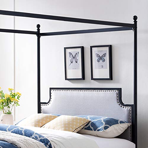 Christopher Knight Home Asa Queen Size Iron Canopy Bed Frame With Upholstered Studded Headboard Gray And Flat Black 0 4