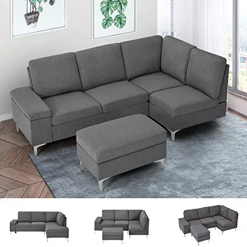 Esright Right Facing Sectional Sofa With Ottoman Convertible Sectional Sofa With Armrest Storage Sectional Sofa Corner Couches For Living Room Apartment Right Chaise Gray Fabric 0
