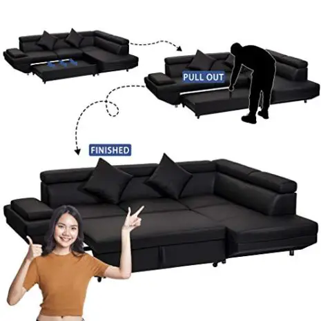 FDW-Sofa-Sectional-Sofa-Bed-futon-Sofa-Bed-Sofa-for-Living-Room-Couches-and-Sofas-Sleeper-Sofa-PU-Leather-Sofa-Set-Corner-Modern-Queen-2-Piece-Contemporary-UpholsteredBlack-0-2