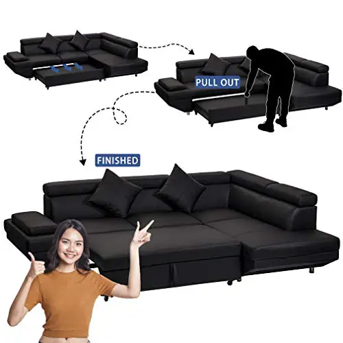 Fdw Sofa Sectional Sofa Bed Futon Sofa Bed Sofa For Living Room Couches And Sofas Sleeper Sofa Pu Leather Sofa Set Corner Modern Queen 2 Piece Contemporary Upholsteredblack 0 2
