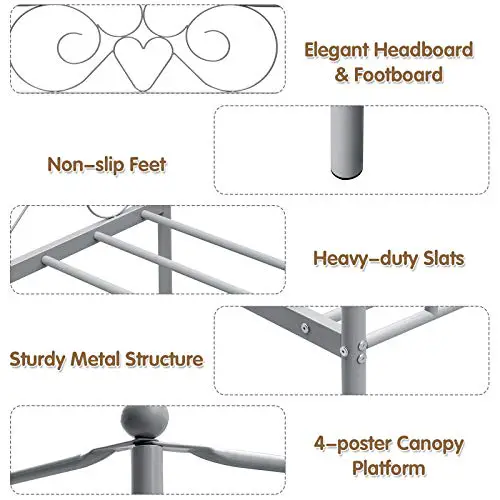Giantex 4 Post Metal Canopy Bed Frame With Headboard And Footboard Classic Vintage Full Size Metal Bed Frame Heavy Duty Platform Mattress Foundation No Box Spring Needed Easy Assembly Pewter 0 1