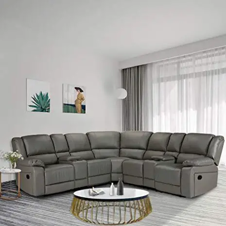 HOMMOO-Recliner-Sofa-Set-PU-Leather-Sofa-and-Couch-Corner-Sectional-Sofa-with-Cup-Holder-Manual-Reclining-Chair-Power-Motion-Sofa-for-Living-Room-PU-Grey-0