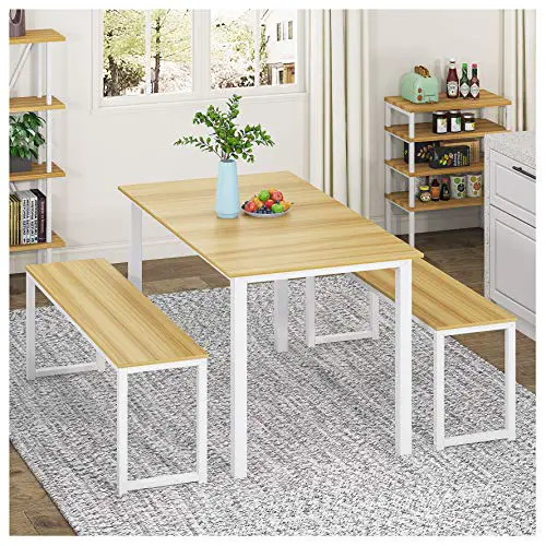 HOMURY 3 Piece Dining Table Set Breakfast Nook Dining Table with Two Benches,White