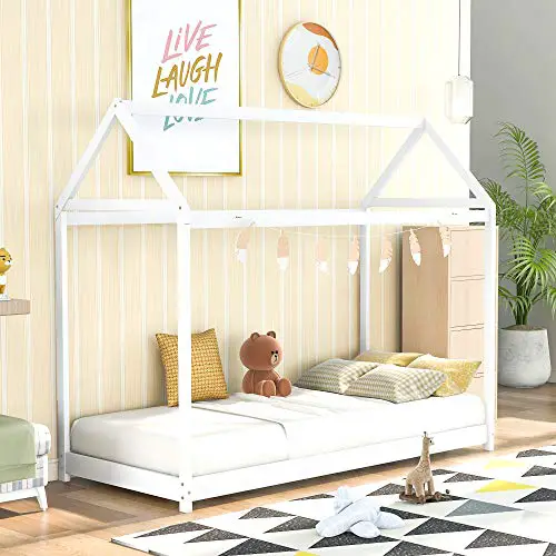 House Bed Twin Size Kids Bed Frame With Roof No Box Spring Needed White No Trundle 0 0