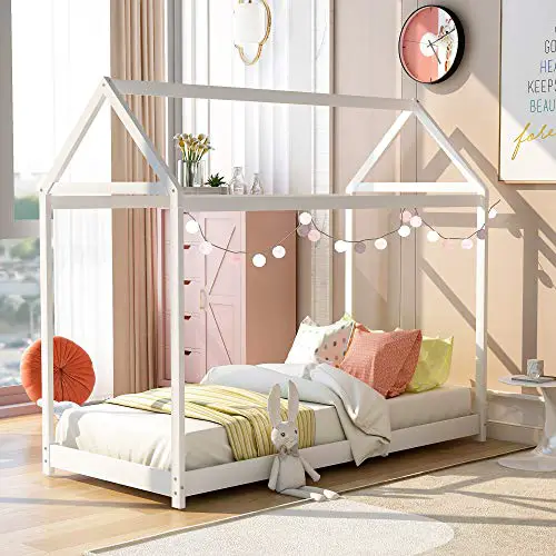 House Bed Twin Size Kids Bed Frame with Roof , No Box Spring Needed (White (no Trundle))