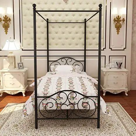 JURMERRY-Metal-Canopy-Bed-Frame-Platform-with-Vintage-Headboard-and-Footboard-Sturdy-Metal-Frame-Premium-Steel-Slat-Support-Black-Twin-0-0
