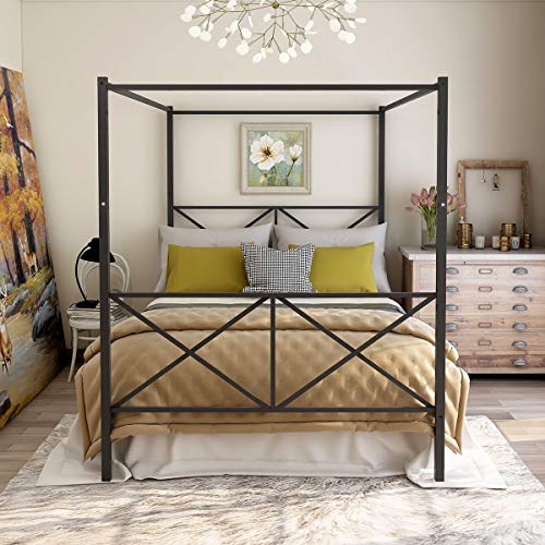 Jurmerry Metal Canopy Bed Frame With Ornate European Style Headboard Footboard Sturdy Black Steel Holds 660Lbs Perfectly Fits Your Mattress Easy Diy Assembly All Parts Includedblack Queen 0 1