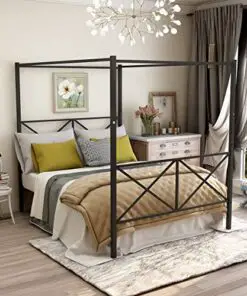 Jurmerry Metal Canopy Bed Frame With Ornate European Style Headboard Footboard Sturdy Black Steel Holds 660Lbs Perfectly Fits Your Mattress Easy Diy Assembly All Parts Includedblack Queen 0