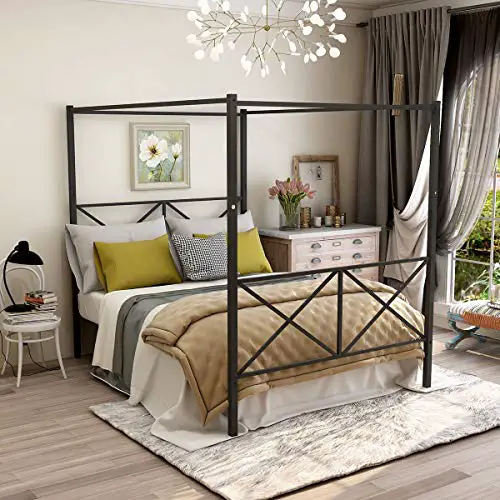 JURMERRY Metal Canopy Bed Frame with Ornate European Style Headboard & Footboard Sturdy Black Steel Holds 660lbs…