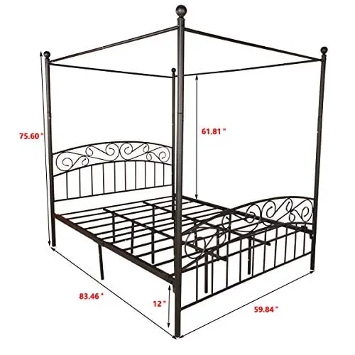 Jurmerry Metal Canopy Bed Frame With Ornate European Style Headboard Footboard Sturdy Steel Easy Diy Assembly Queen Black 0 0