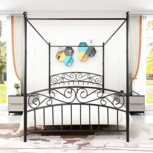 Jurmerry Metal Canopy Bed Frame With Ornate European Style Headboard Footboard Sturdy Steel Easy Diy Assembly Queen Black 0 2