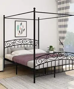 Jurmerry Metal Canopy Bed Frame With Ornate European Style Headboard Footboard Sturdy Steel Easy Diy Assembly Queen Black 0