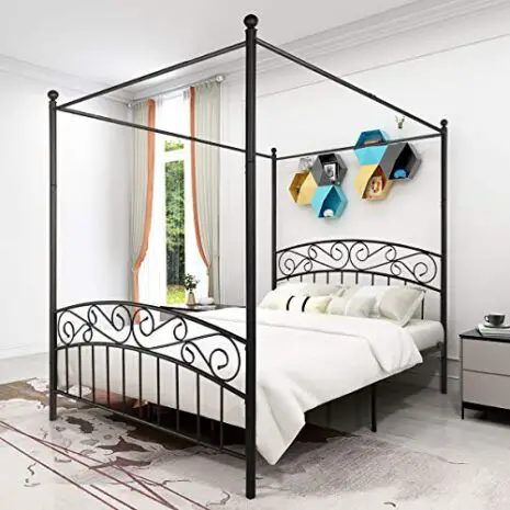 JURMERRY-Metal-Canopy-Bed-Frame-with-Ornate-European-Style-Headboard-Footboard-Sturdy-Steel-Easy-DIY-Assembly-Queen-Black-0-3