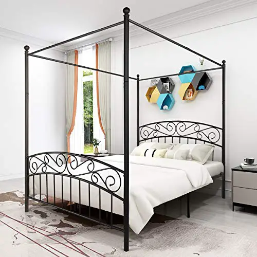 Jurmerry Metal Canopy Bed Frame With Ornate European Style Headboard Footboard Sturdy Steel Easy Diy Assembly Queen Black 0 3