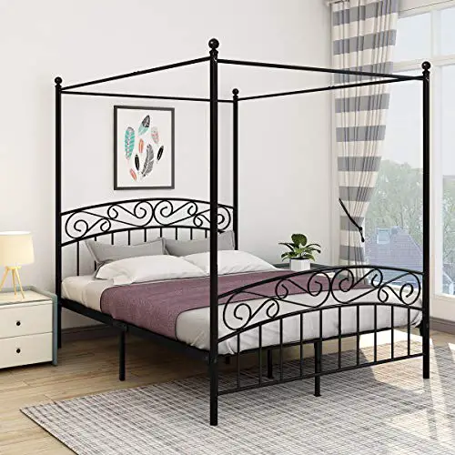 JURMERRY Metal Canopy Bed Frame with Ornate European Style Headboard & Footboard Sturdy Steel Easy DIY Assembly ,Queen…