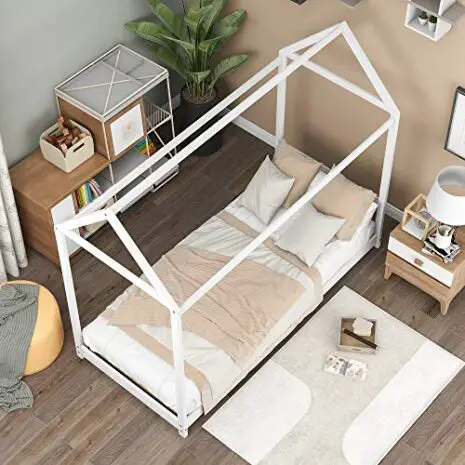 Merax-Twin-Size-Wooden-House-Bed-with-Roof-for-Kids-Teens-Girls-Boys-Bedroom-Furniture-Children-House-Bed-Frame-Twin-Size-Floor-Bed-Can-Be-Decorated-White-0-0