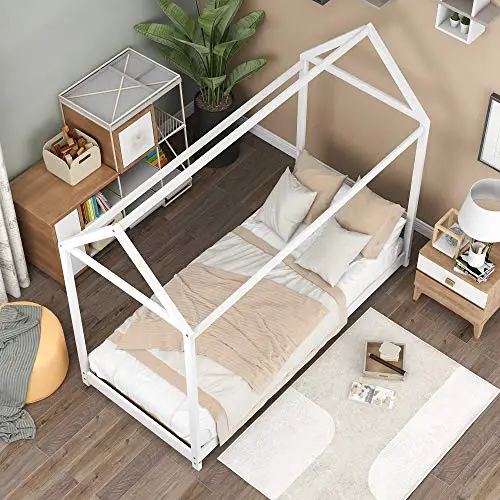 Merax Twin Size Wooden House Bed With Roof For Kids Teens Girls Boys Bedroom Furniture Children House Bed Frame Twin Size Floor Bed Can Be Decorated White 0 0