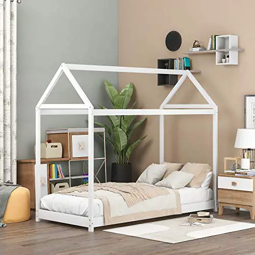 Merax Twin Size Wooden House Bed With Roof For Kids Teens Girls Boys Bedroom Furniture Children House Bed Frame Twin Size Floor Bed Can Be Decorated White 0