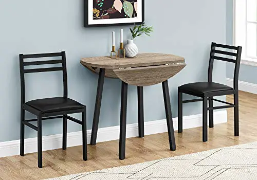 Monarch Specialties Round Drop-Leaf Table and 2 Chairs – for Small Spaces – Modern 3-Piece Dining Set for 2, 35″ D, Dark Taupe/Black Metal