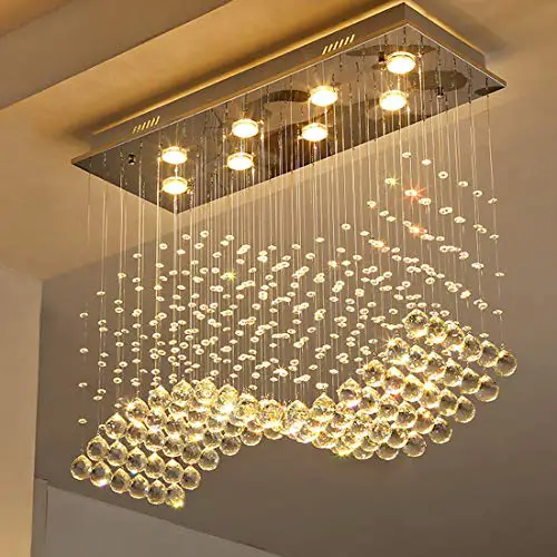 Moooni Modern Rectangular Crystal Chandelier Lighting Wave Raindrop Pendent Flush Mount Ceiling Light Fixture for Dining…