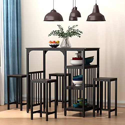 NIHAO Dining Table Set, Industrial 5 Piece Counter Height Dining Set with Matching Chairs and 3-Tier Storage Shelffor…