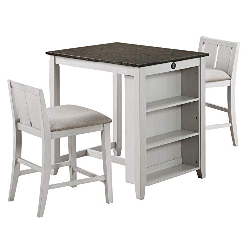 New Classic Furniture Heston Storage Counter Table Set with Two Chairs, 36-Inch, White/Gray