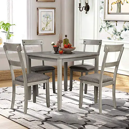 P PURLOVE 5 Piece Dining Table Set Industrial Wood Kitchen Table and 4 Padded Chairs 5 Piece Dining Room Set for Small…
