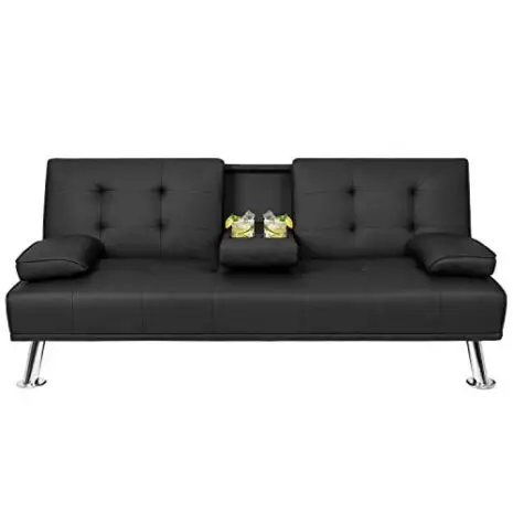 Pawnova-Futon-Sofa-Bed-Modern-Faux-Leather-Convertible-Folding-Lounge-Couch-for-Living-Room-with-2-Cup-Holders-Removable-Soft-Armrest-and-Sturdy-Metal-Legs-Black-0-0