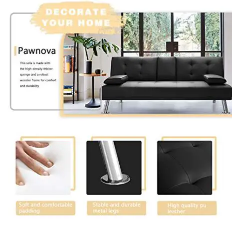 Pawnova-Futon-Sofa-Bed-Modern-Faux-Leather-Convertible-Folding-Lounge-Couch-for-Living-Room-with-2-Cup-Holders-Removable-Soft-Armrest-and-Sturdy-Metal-Legs-Black-0-1