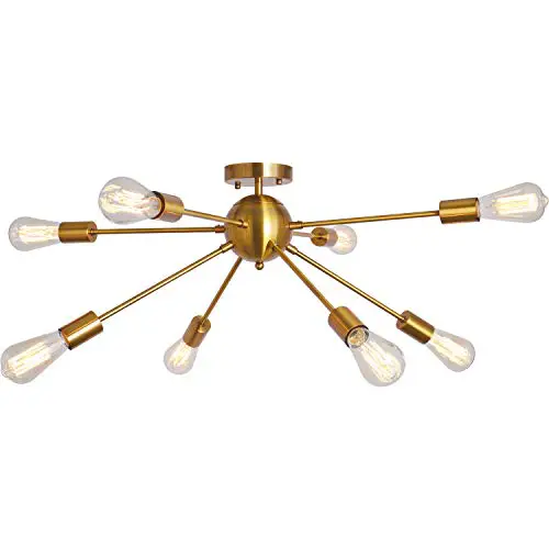Sputnik Chandelier 8 Lights Modern Semi Flush Mount Ceiling Light Pendant Light Fixture, Brass