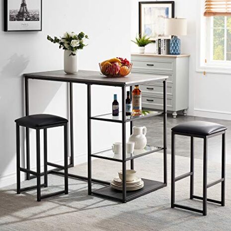 VECELO-3-Piece-Dining-Set-Counter-Height-Kitchen-Table-with-2-PU-Padded-Chairs-Space-Saving-Storage-Shelves-Black-0-0
