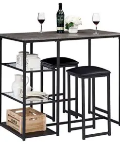 Vecelo 3 Piece Dining Set Counter Height Kitchen Table With 2 Pu Padded Chairs Space Saving Storage Shelves Black 0
